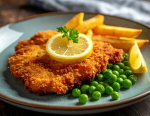 en schnitzel på tallrik med klassiska tillbehör i Enköping