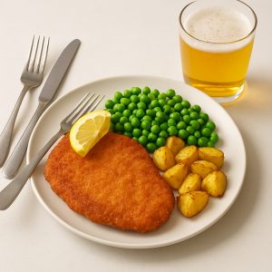 schnitzel med klassiska tillbehör och ett glas öl