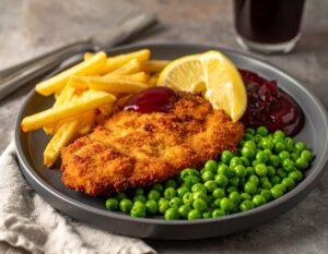 schnitzel med pommes och tillbehör