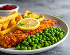 schnitzel med pommes, ärtor och citron