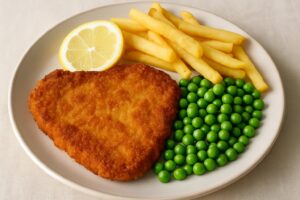 schnitzel med tillbehör på en tallrik